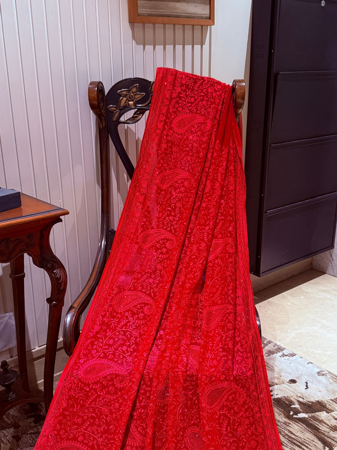 Red Georgette Saree with Tonal Paisley & Floral Thread Embroidery