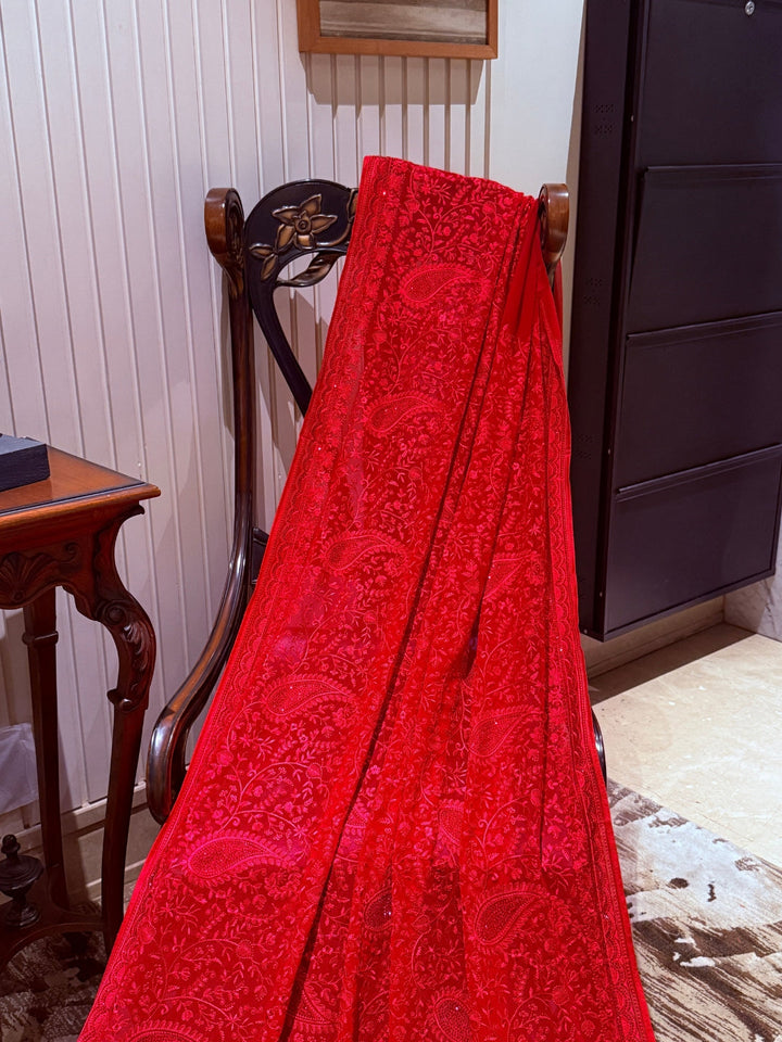 Red Georgette Saree with Tonal Paisley & Floral Thread Embroidery