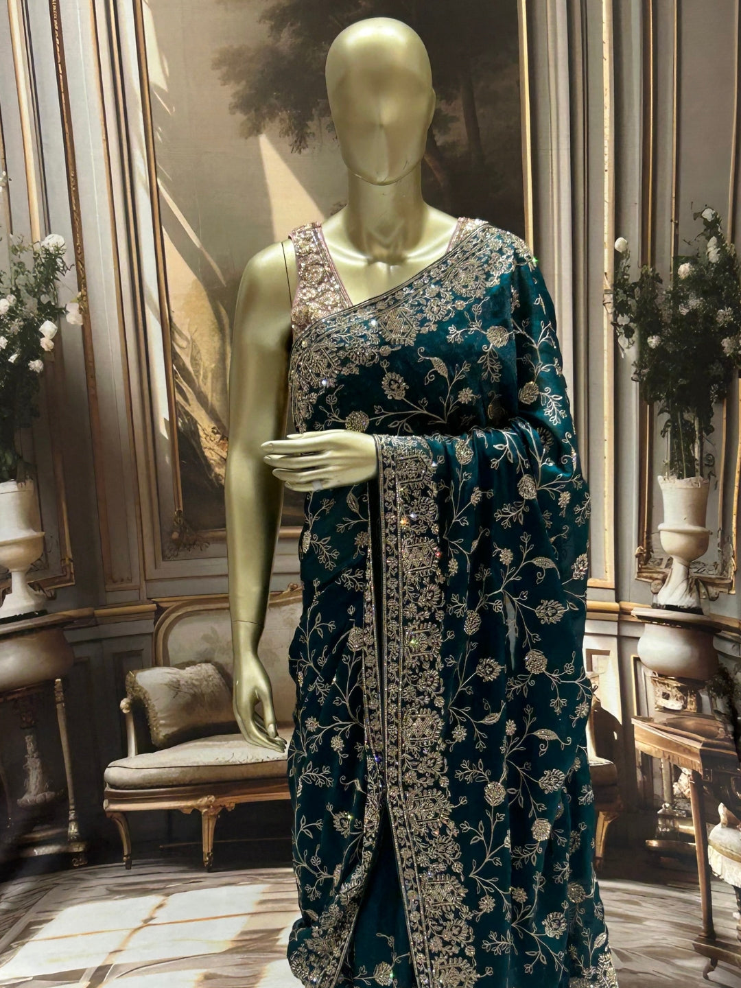 Teal Saree with Antique Gold Zardozi, Sequin, Heavy Embroidered Border & Butis with Blouse Piece
