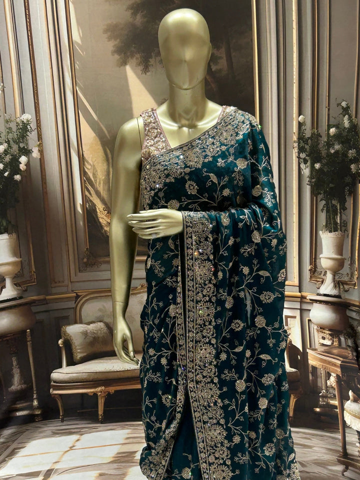 Teal Saree with Antique Gold Zardozi, Sequin, Heavy Embroidered Border & Butis with Blouse Piece