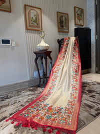 Cream Saree with Multicolour Floral Woven Panels, Red Zari Border & Tassel Pallu