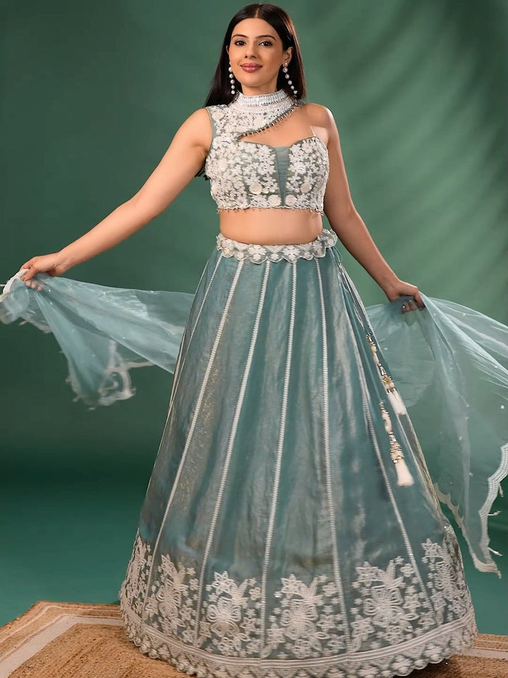 Floral Embroidered Lehenga Choli with Scallop Dupatta and Statement Neck Design