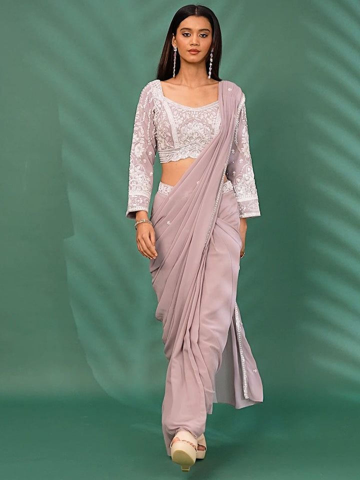 Pre-Stitched Saree with Intricate White Thread & Sequin Embroidery