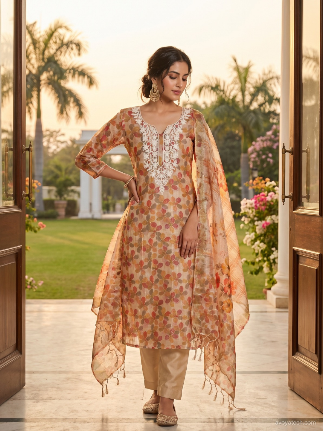 Floral Printed Unstitched Suit with Embroidered Neck Patch