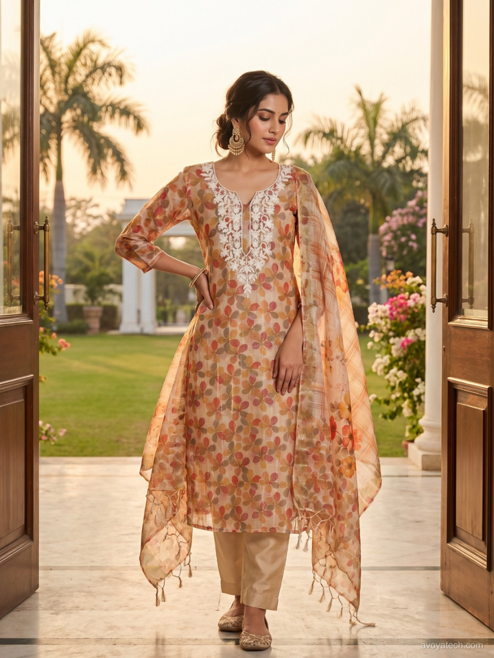 Floral Printed Unstitched Suit with Embroidered Neck Patch