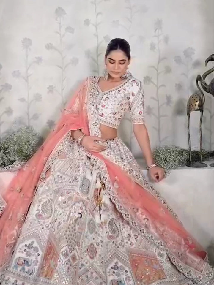 Multicolour Resham Embroidered Lehenga with Peach Net Dupatta