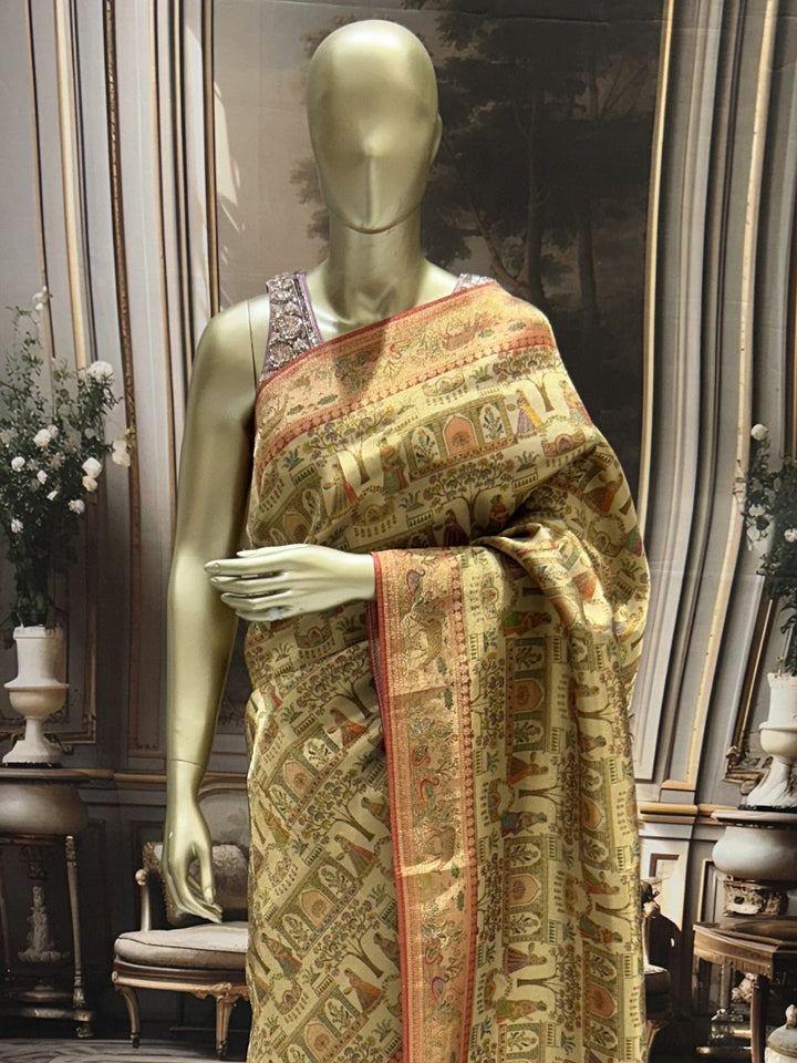 Golden Beige Shikargah Banarasi Silk Saree with Forest Scene Pallu & Red Zari Brocade