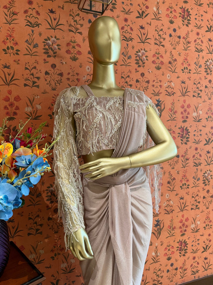 Dusty Mauve Shimmer Draped Saree with Beaded Fringe Embroidered Cape Blouse