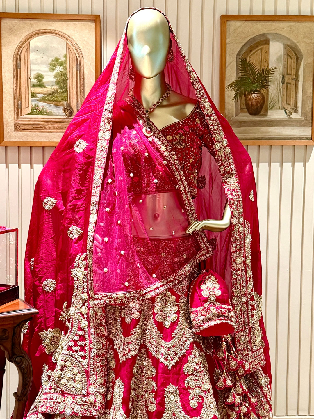 Bridal Lehenga Choli Set with Heavy Zardozi Embroidery, Dupatta, Latkans & Potli Bag