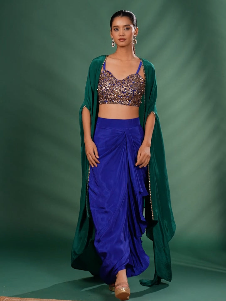 Embellished Bustier Co-ord Set with Draped Skirt and Cape