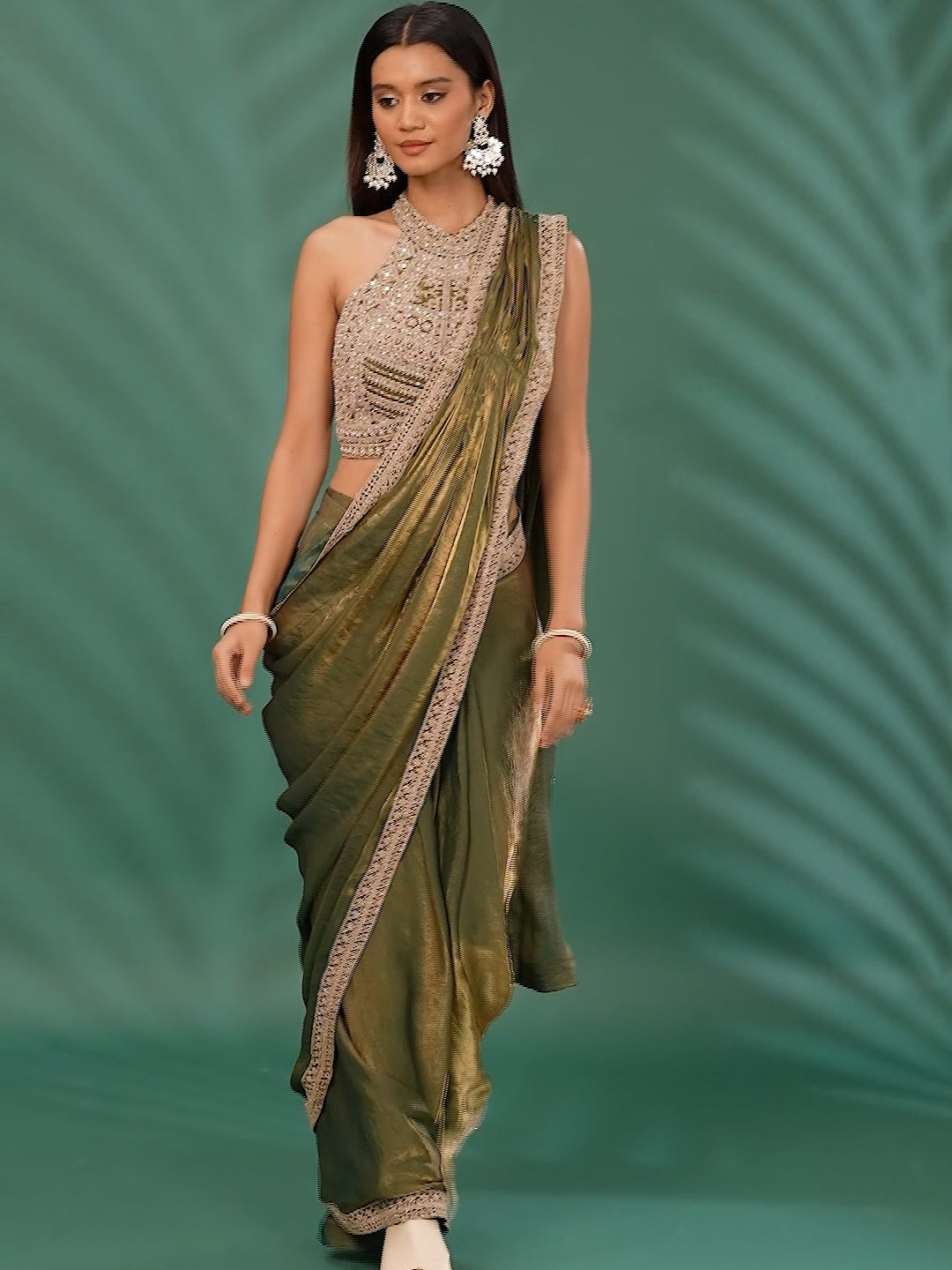 Metallic Silk Saree with Mirror & Thread Embroidered Blouse