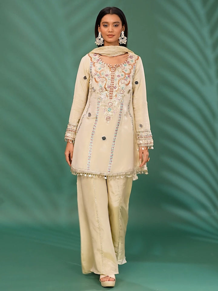 Ivory Mirror & Thread Work Embroidered Silk Kurta Set with Palazzo & Dupatta