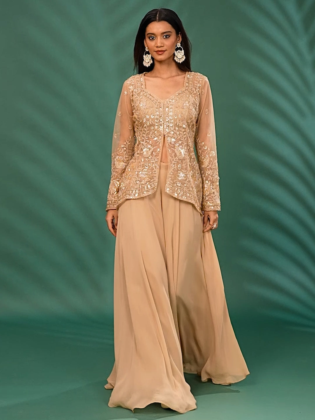 Embroidered Net Peplum Top with Sequins & Thread Work Flared Palazzo