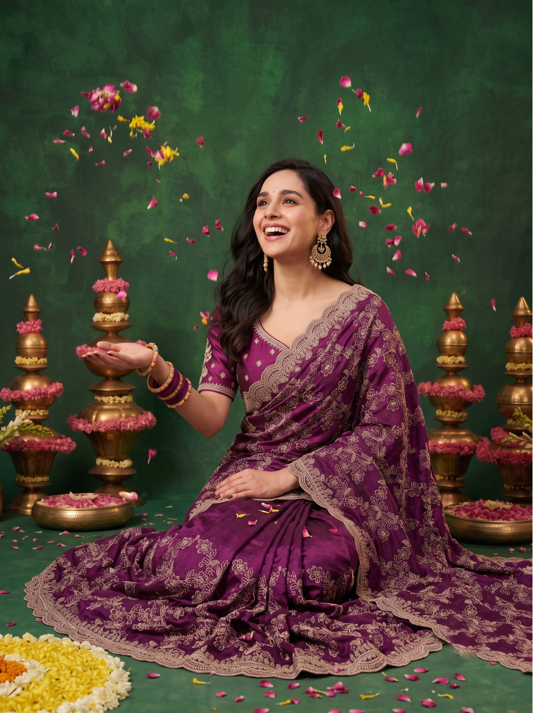Silk Saree with Zari Floral Jaal Embroidery & Scalloped Cutwork Border