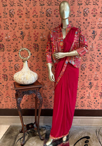 Red Solid Ready Saree with Multicolour Kutchi Embroidered Jacket Style Blouse Set.