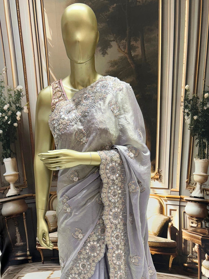 Tissue Saree with Heavy Scalloped Floral Sequin Bead Embroidery & Scattered Butis