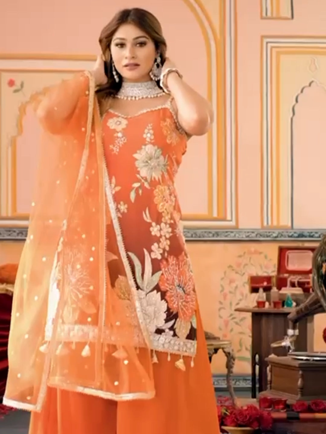 Floral Embroidered Kurta Palazzo Set with Sequin Net Dupatta
