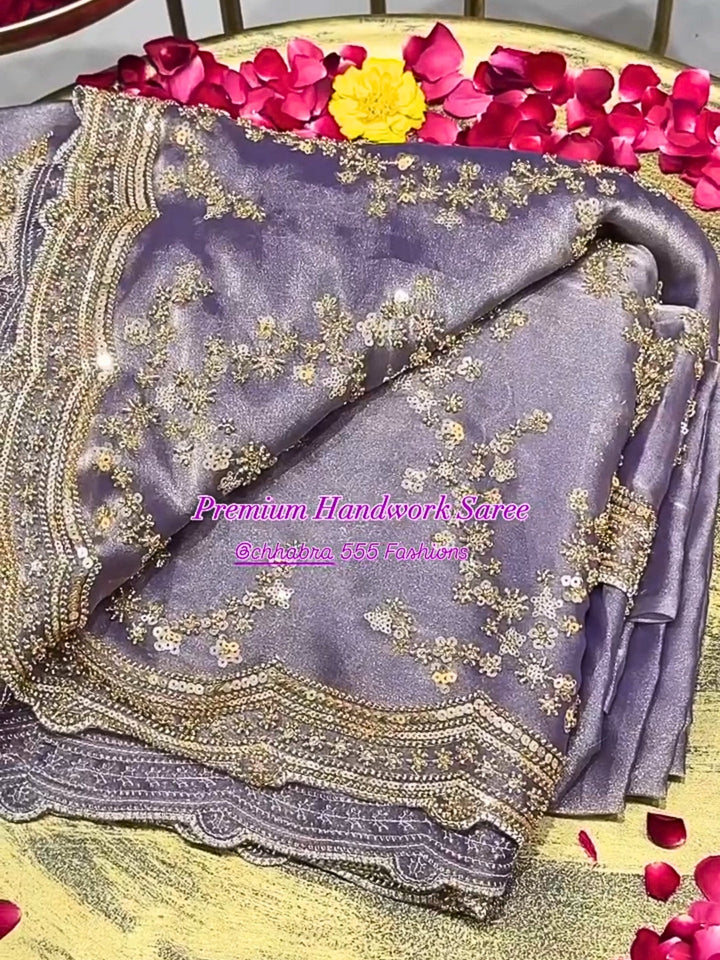 Lavender Premium Handwork Saree with Intricate Floral Sequin Embroidery & Heavy Embellished Border