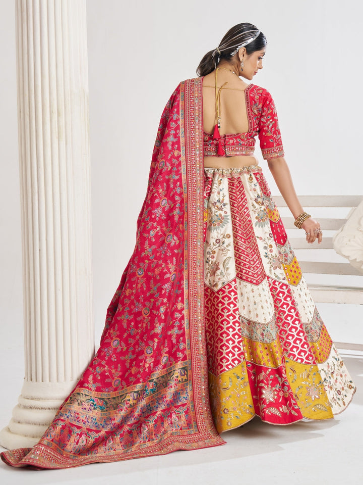Brocade patchwork lehenga choli with zari, thread embroidery and Banarasi woven dupatta.