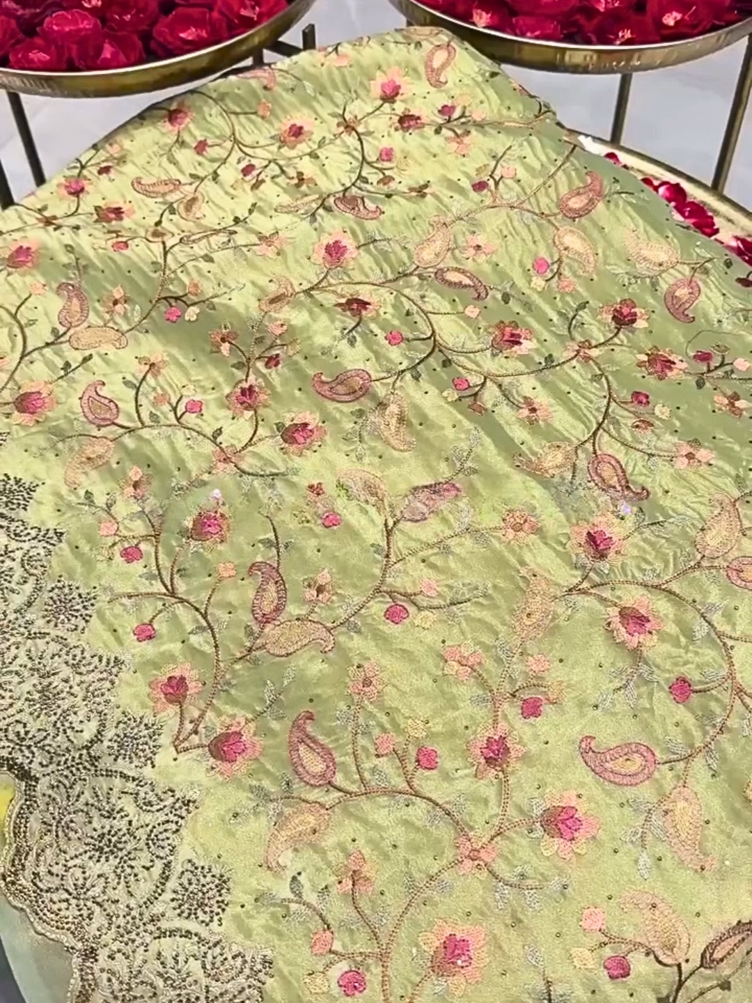 Pastel Green Soft Organza Saree with Floral Embroidery & Cutwork Beaded Border