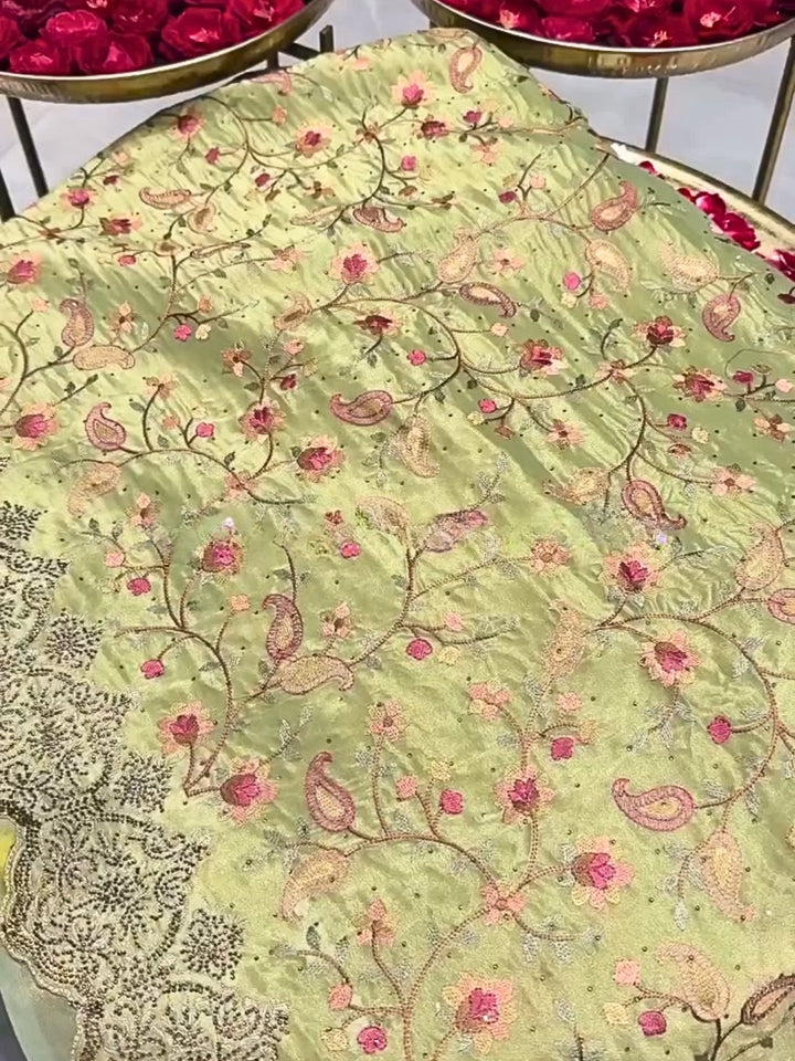 Pastel Green Soft Organza Saree with Floral Embroidery & Cutwork Beaded Border