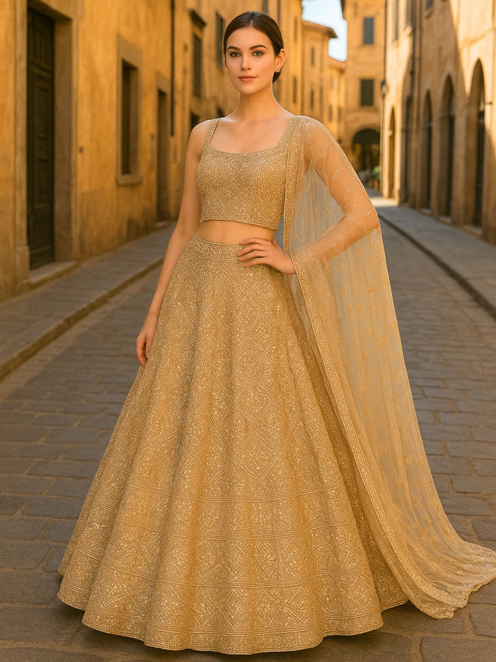Beige Sequins Embroidered Net Lehenga with Unstitched Blouse & Dupatta