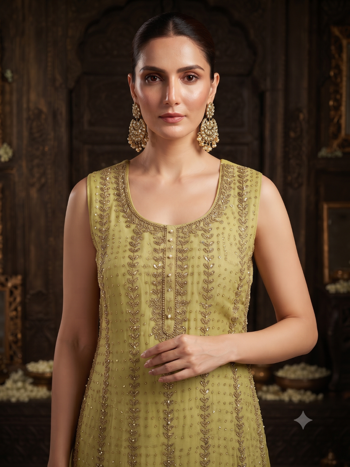 Sequin Embroidered Sleeveless Kurta with Sharara Set in Pear Green