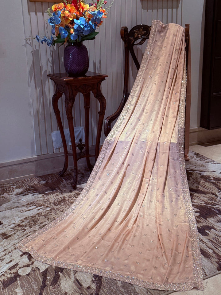 Saree with Hand-Embroidered Sequin Buttas & Heavy Crystal Border
