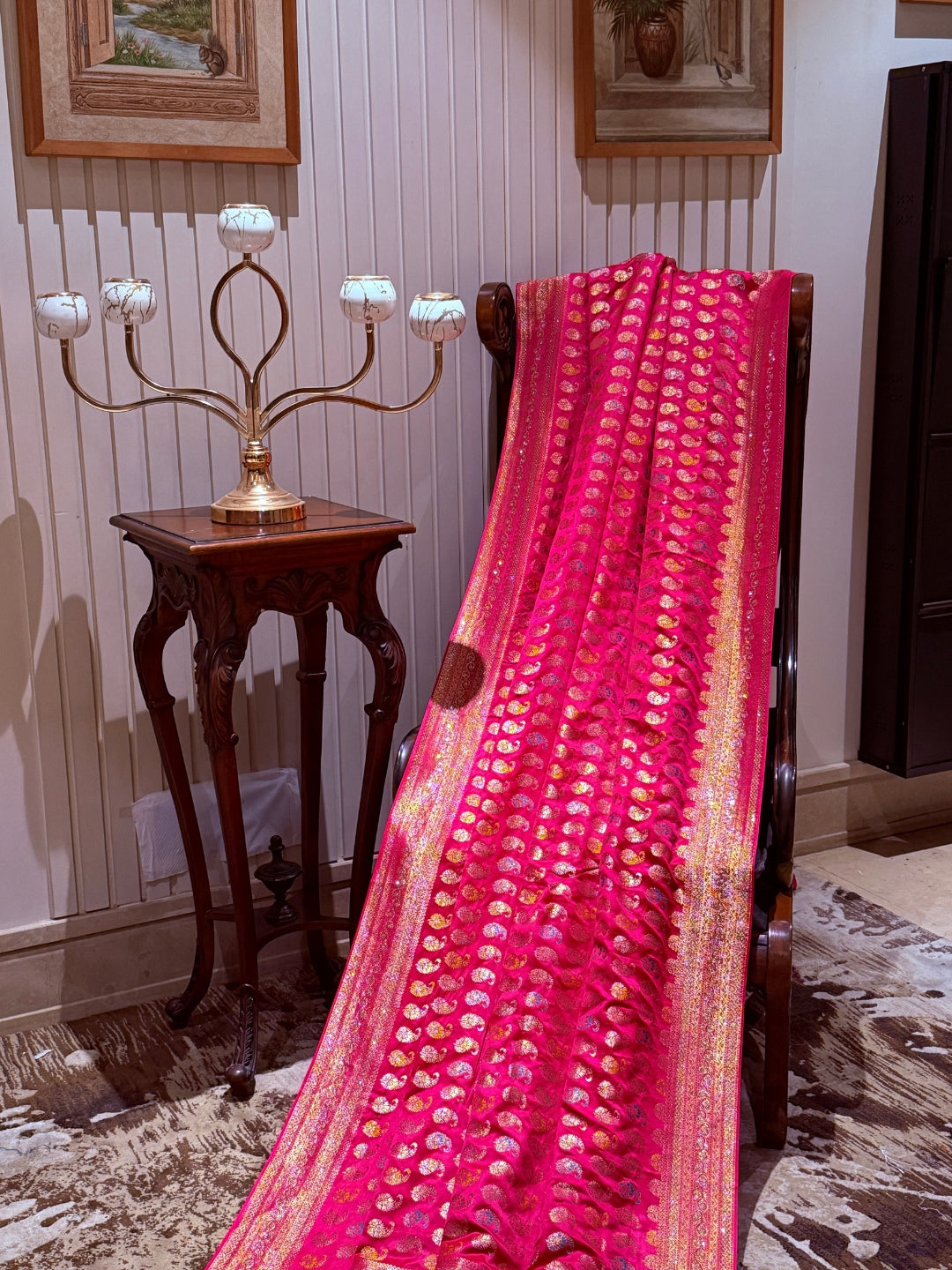 Pink Banarasi Saree with All-over Gold Zari Buta and Dual-Tone Geometric Woven Border