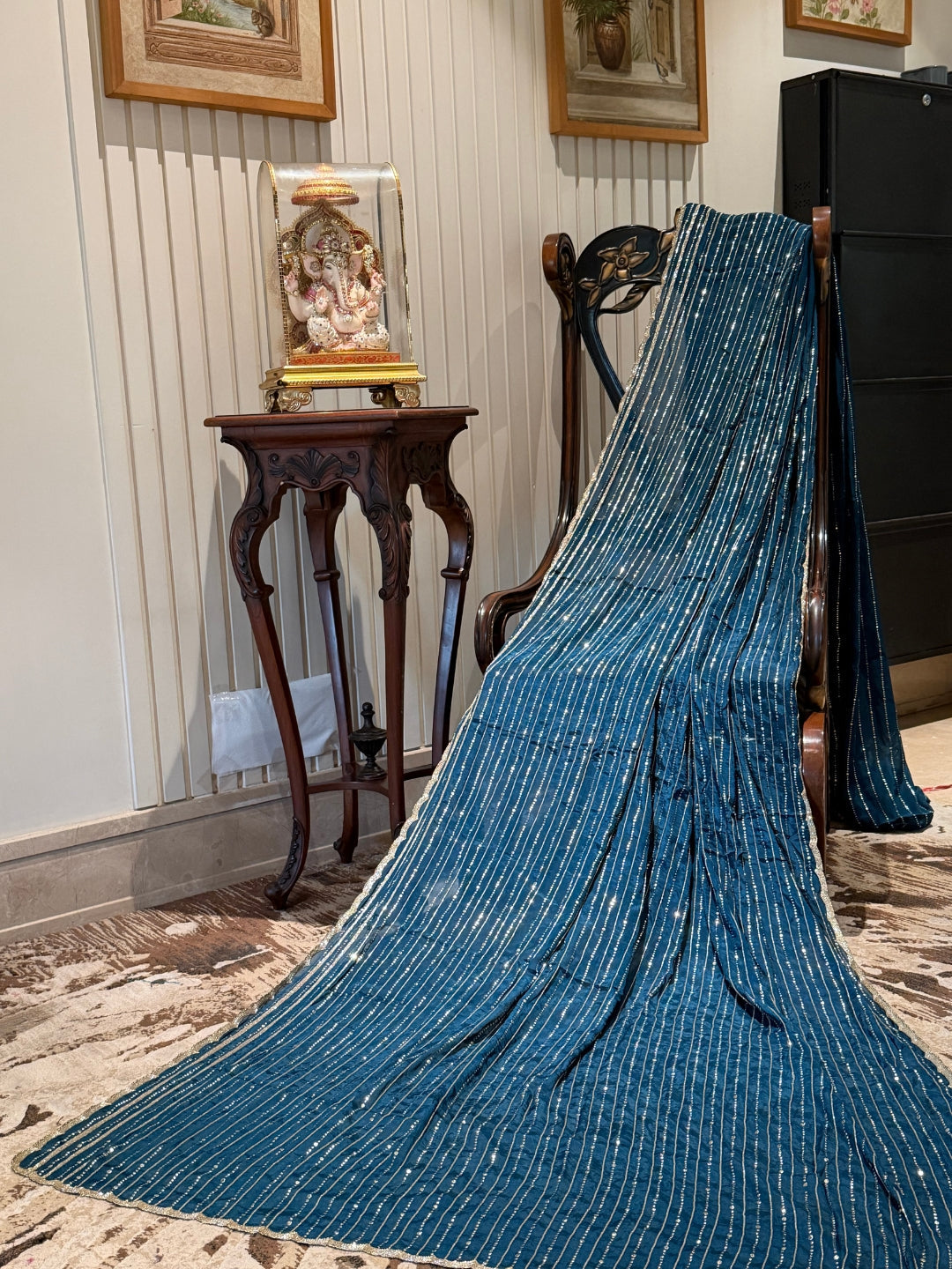 Teal Blue Saree with All-Over Vertical Sequin Stripe Work and Subtle Scallop Border
