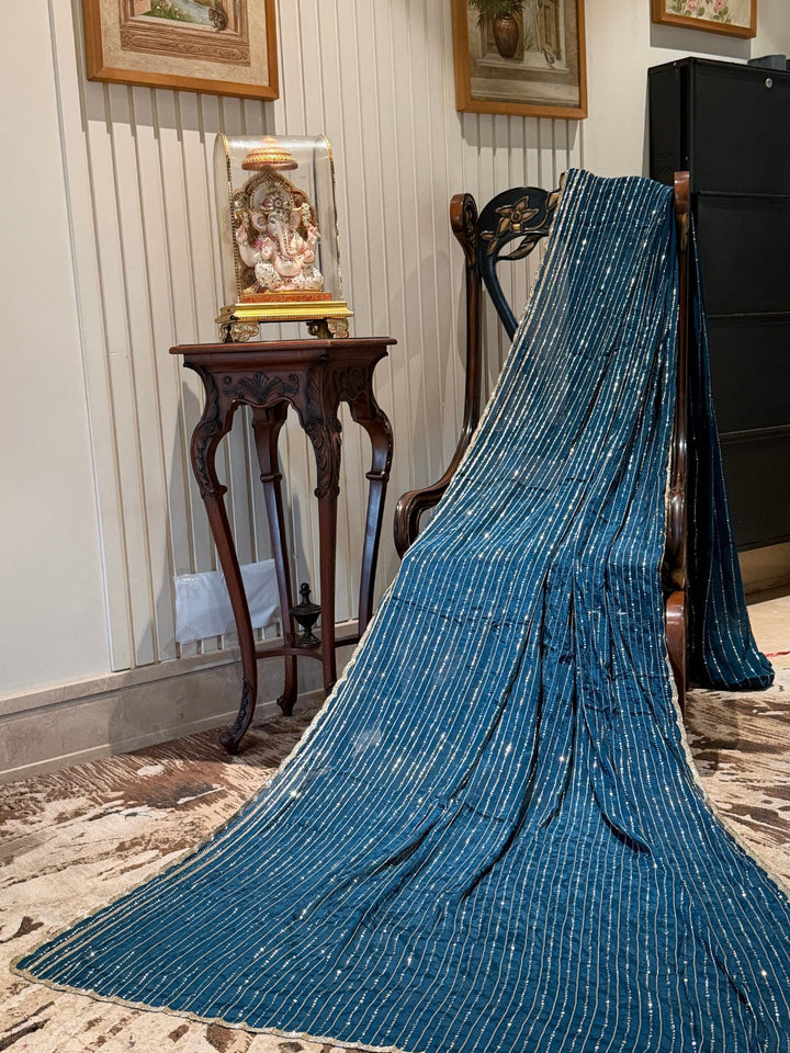 Teal Blue Saree with All-Over Vertical Sequin Stripe Work and Subtle Scallop Border