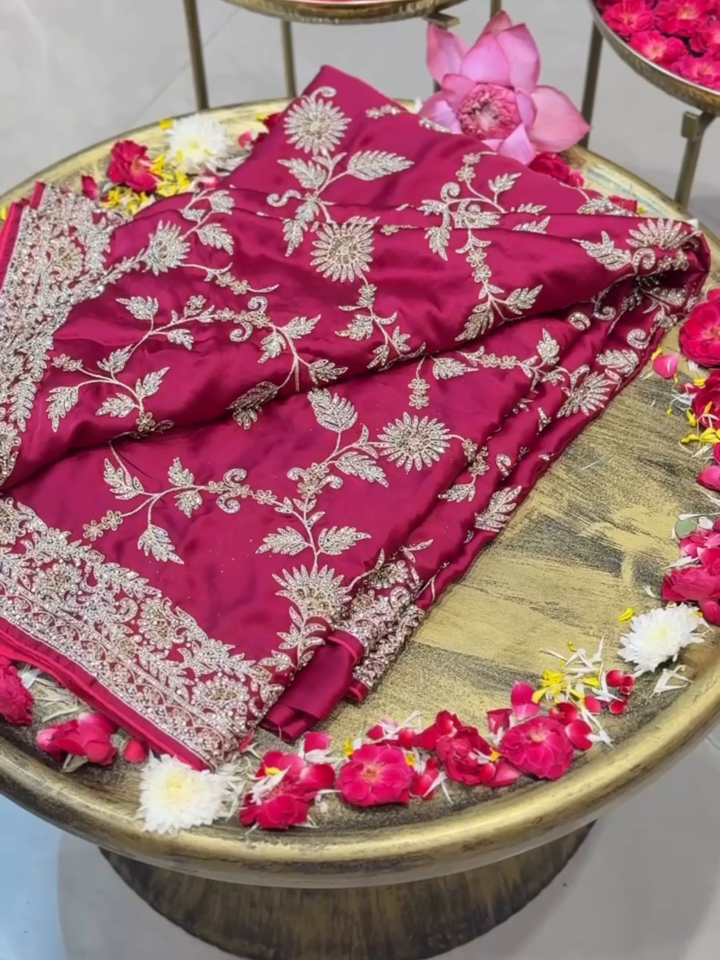 Satin Silk Heavy Zari & Sequin Embroidered Floral Saree