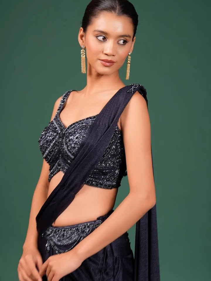 Pre-Draped Saree with intricate sequin embellished Sleeveless Blouse