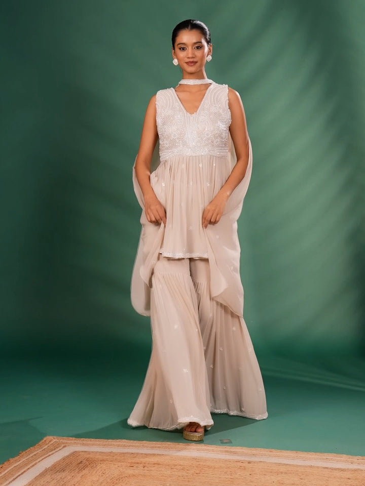 Thread Embroidered & Embellished Kurta with Flared Sharara Pants and Dupatta