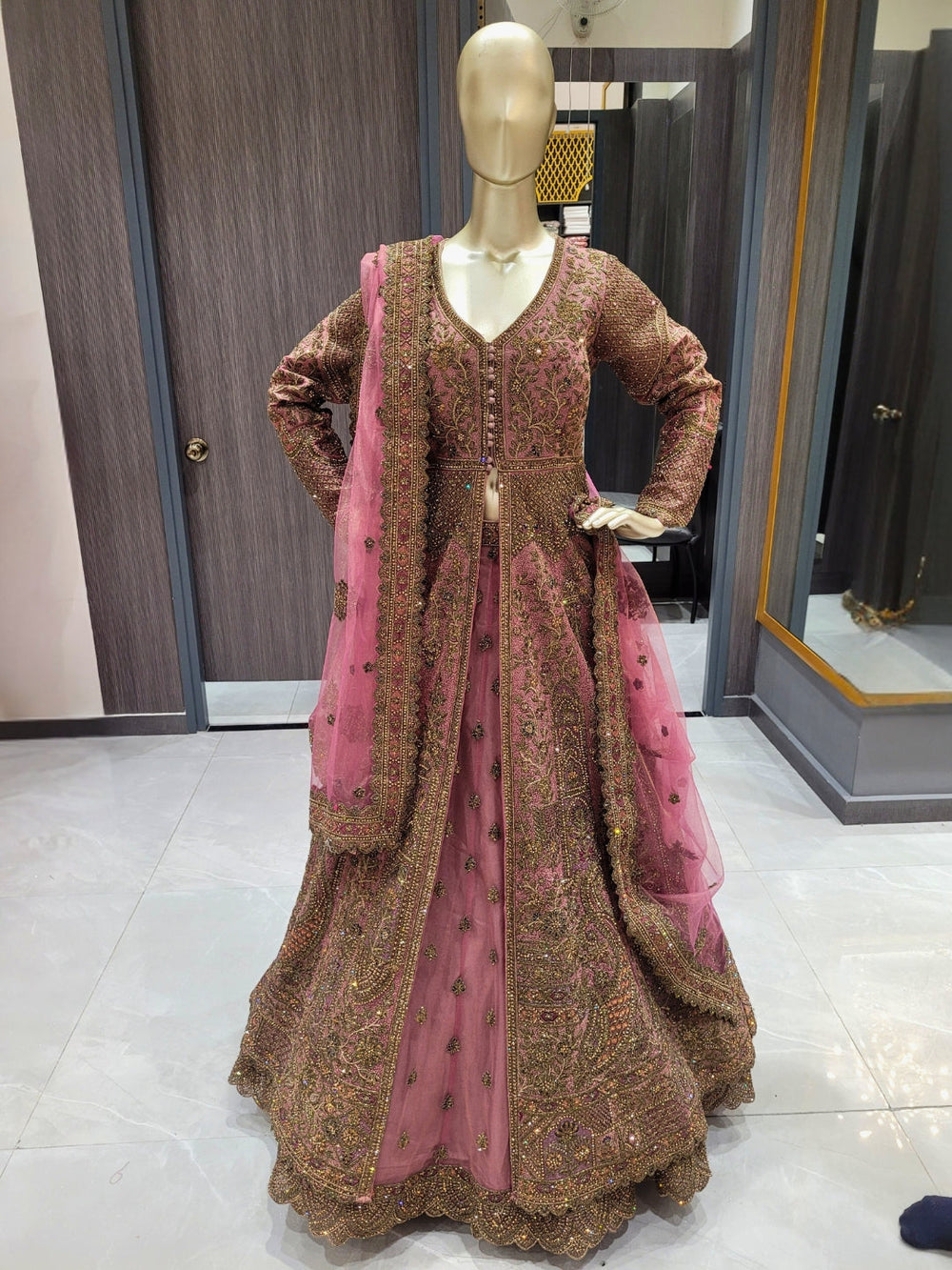 Rosewood Pink Embroidered Anarkali Gown with Heavy Zari Work & Dupatta Rosewood Pink Embroidered Anarkali Gown with Heavy Zari Work & Dupatta
