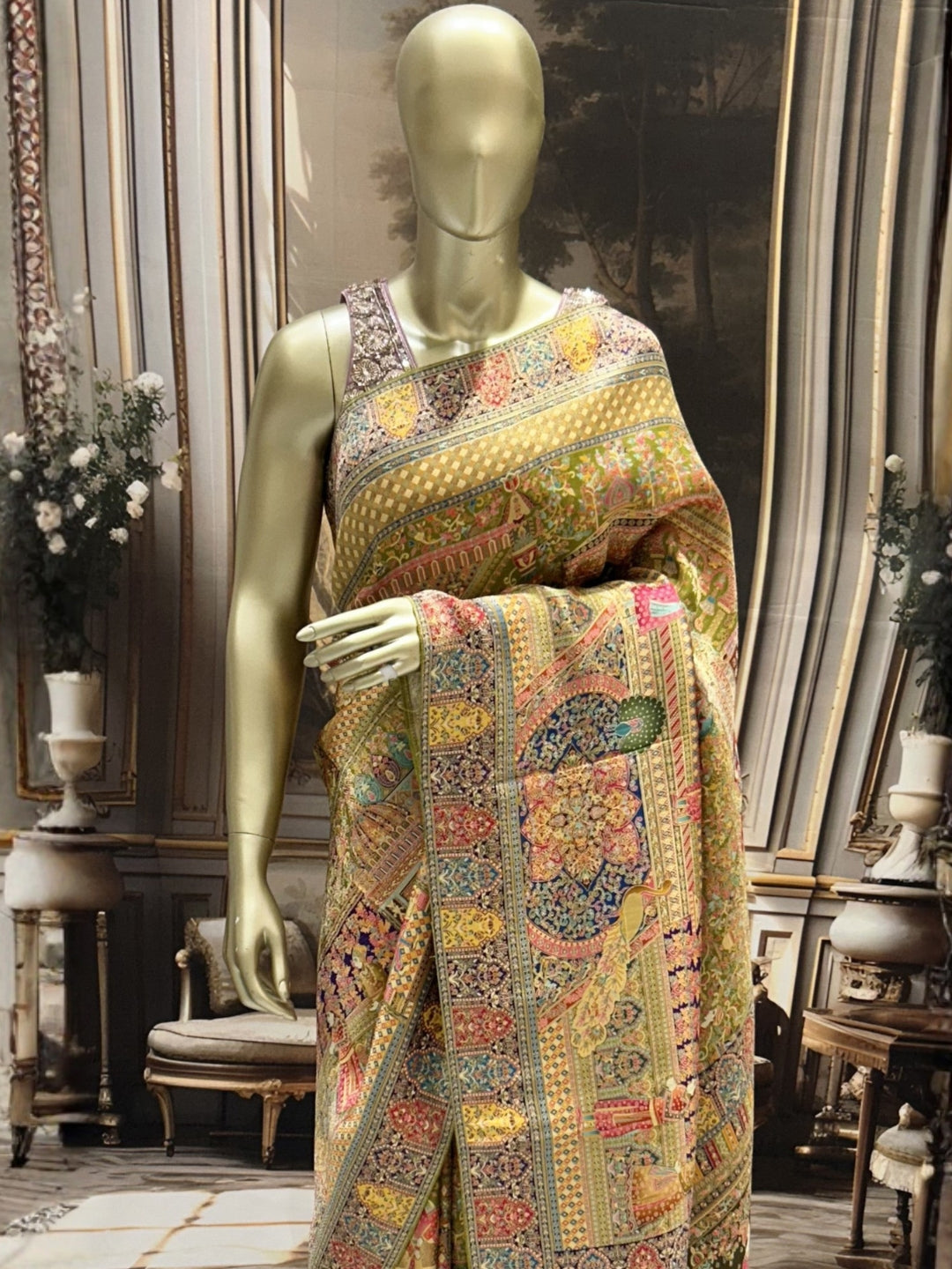 Olive Green Banarasi Meenakari Silk Saree with Shikargah Figures & Contrast Border