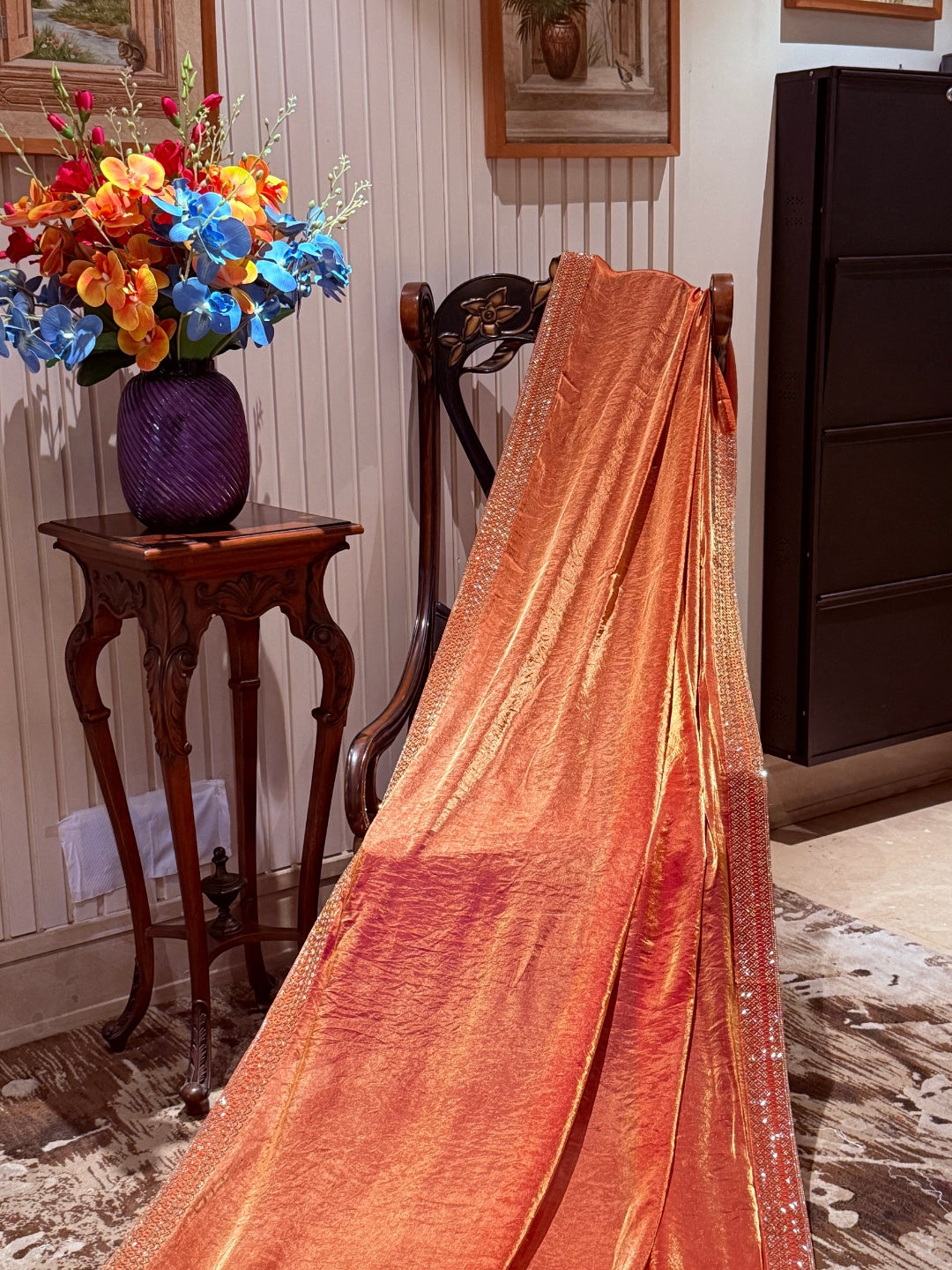 Shimmer Georgette Saree with Sequin Bead Strip Border, Dual Tone Finish