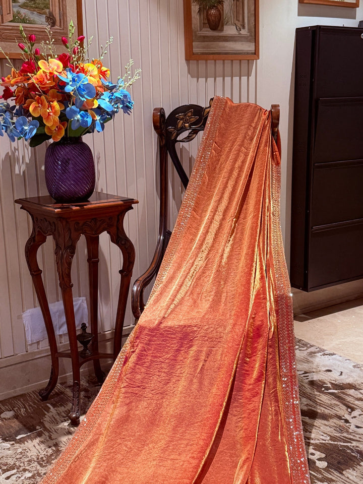 Shimmer Georgette Saree with Sequin Bead Strip Border, Dual Tone Finish