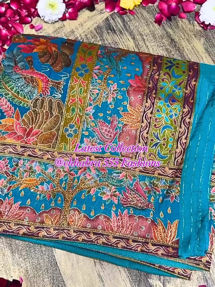 Teal Blue Banarasi Art Silk Saree with Multicolor Meenakari Work & Animal Motif