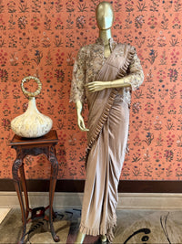Taupe Satin Ruffle Ready Saree with Heavy Sequin Embroidered Lace Blouse Set.