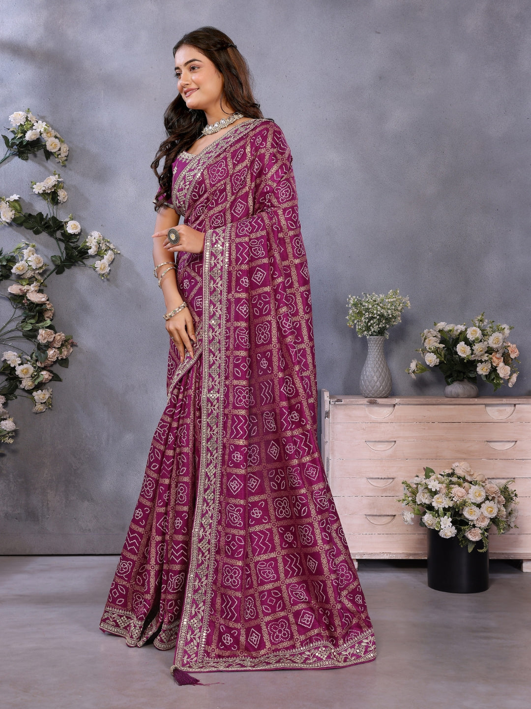 Bandhani Print Saree with All-Over Zari Checks and Embroidered Blouse