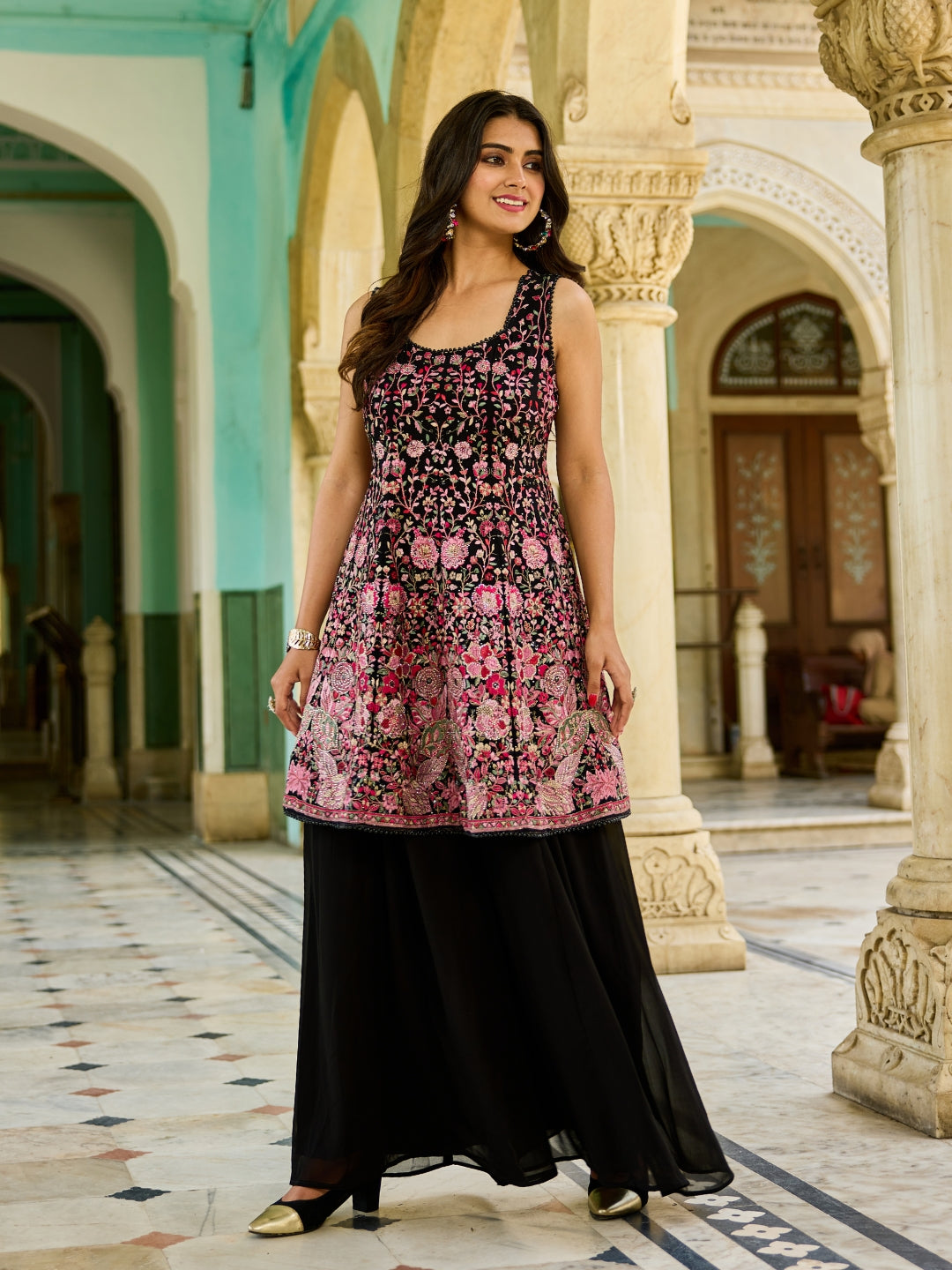 Black Zari & Resham Work Embroidered Sleeveless Kurta Set with Palazzo