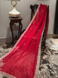 Pure Red Net Saree with Wide Gold Sequin Pearl Border & Ornate Zari Floral Embroidery