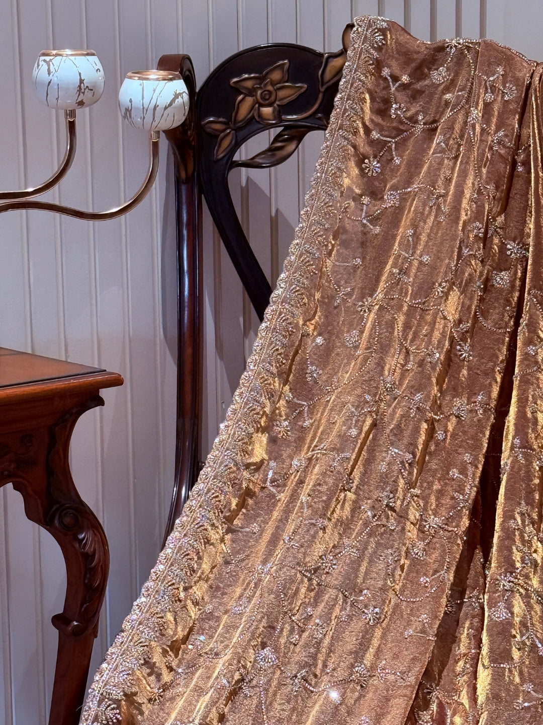 Tissue Saree with Hand-Embroidered Floral Sequins & Ornate Embellished Border
