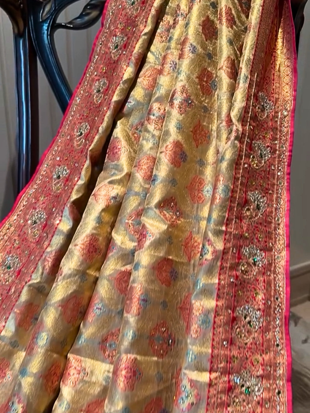 Golden Zari Banarasi Saree with Multi-Colored Butta & Heavy Embroidered Border
