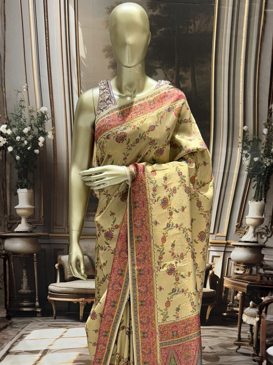 Pastel Beige Banarasi Meenakari Silk Saree with Multicolour Floral Jaal and Rich Pallu