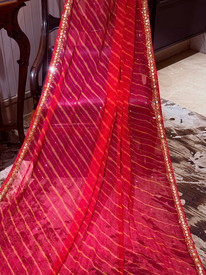Bandhej Saree with Mirror Embroidery and Sequin Work Broad Decorative Border