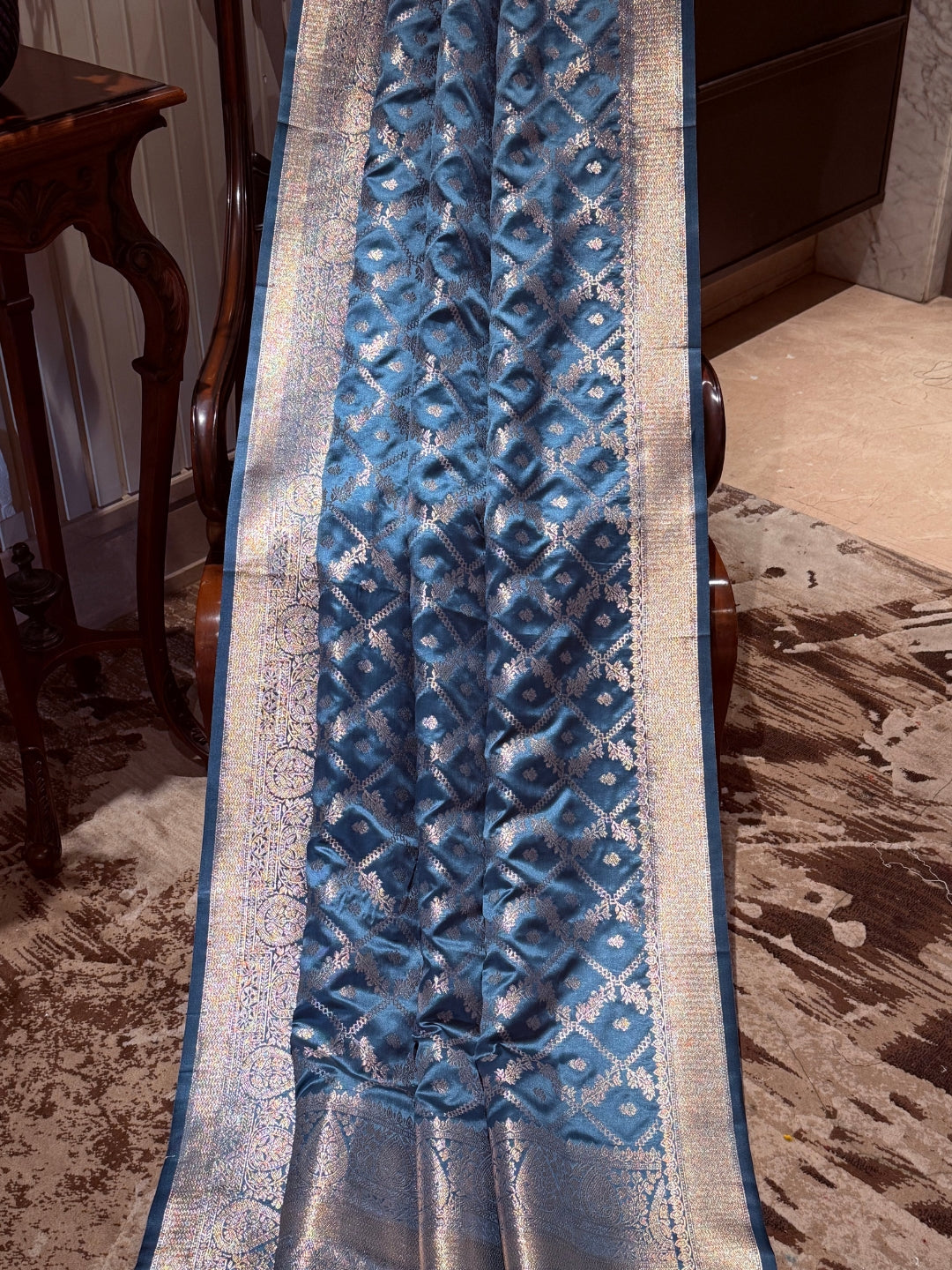 Banarasi Art Silk Saree with Silver Geometric Jaal & Rich Brocade Border