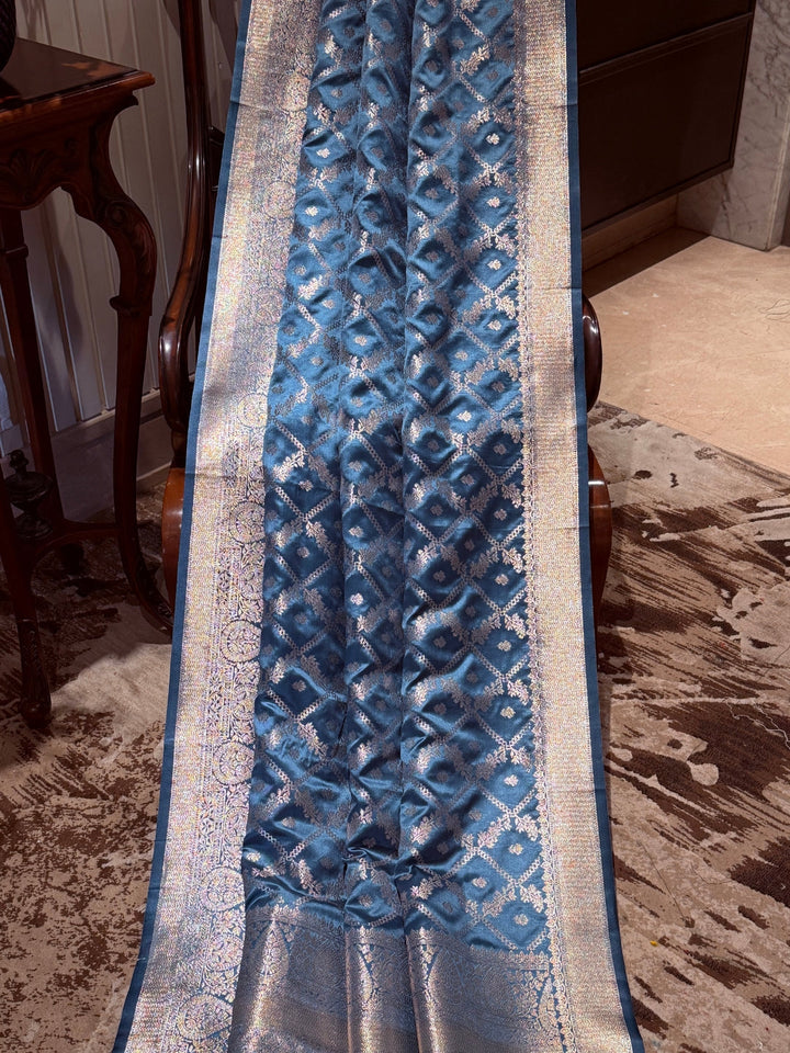 Banarasi Art Silk Saree with Silver Geometric Jaal & Rich Brocade Border