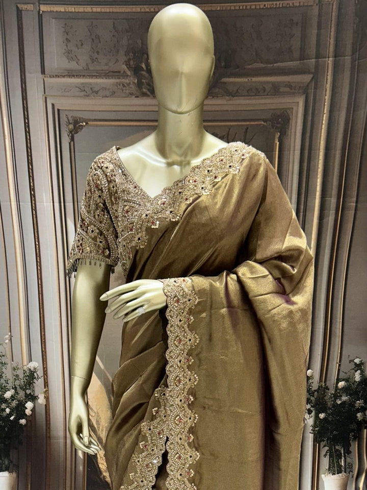 Olive Gold Silk Saree with Heavy Pearl, Zardozi & Stone Embroidered Scalloped Border